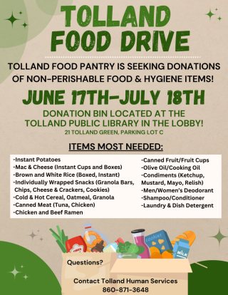 Tolland Food Pantry is seeking donations of non-perishable food & hygiene items!